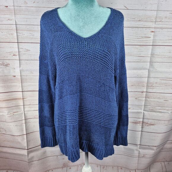 Tommy Bahama Sweater Womens Medium Blue Open Knit Pullover Minimalist Lagenlook - Picture 1 of 11